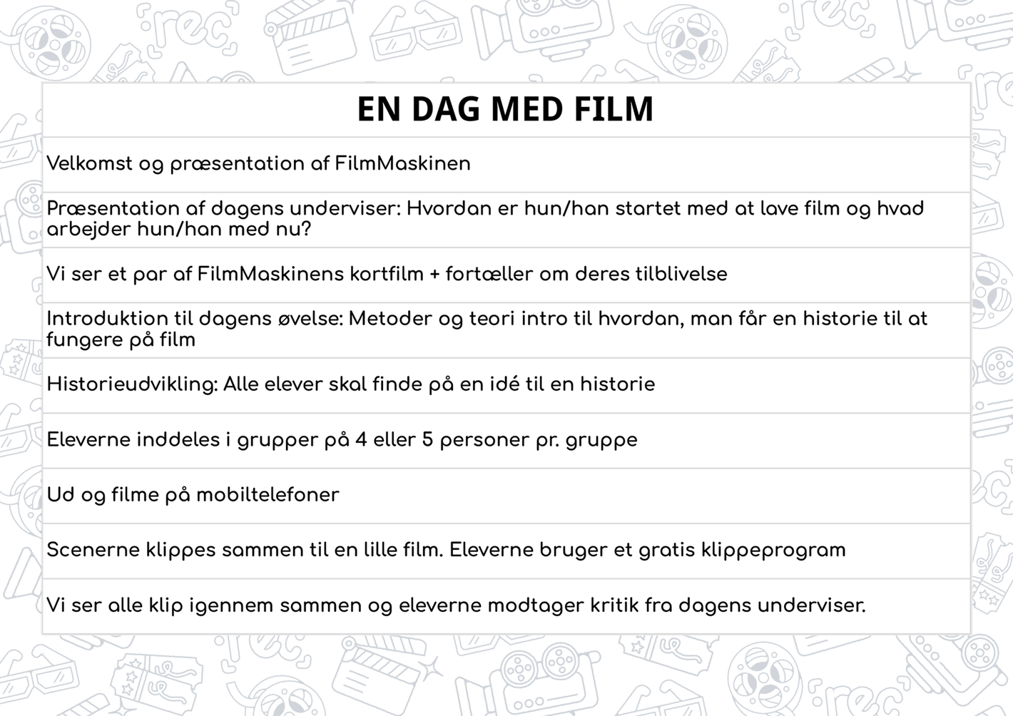 Eksempel på skema til En Dag Med Film